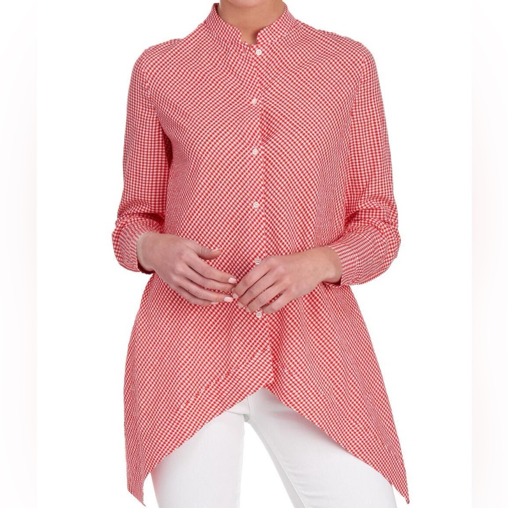 Anne Klein Red Gingham Long Sleeve Tent Style Asymmetrical Button Shirt